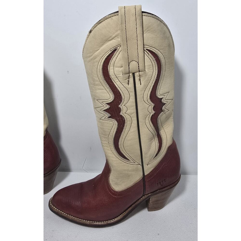 Vintage FRYE Tan Red Leather Bench Crafted Cowgirl Western Ladies Boots Sz 6B - Picture 6 of 16